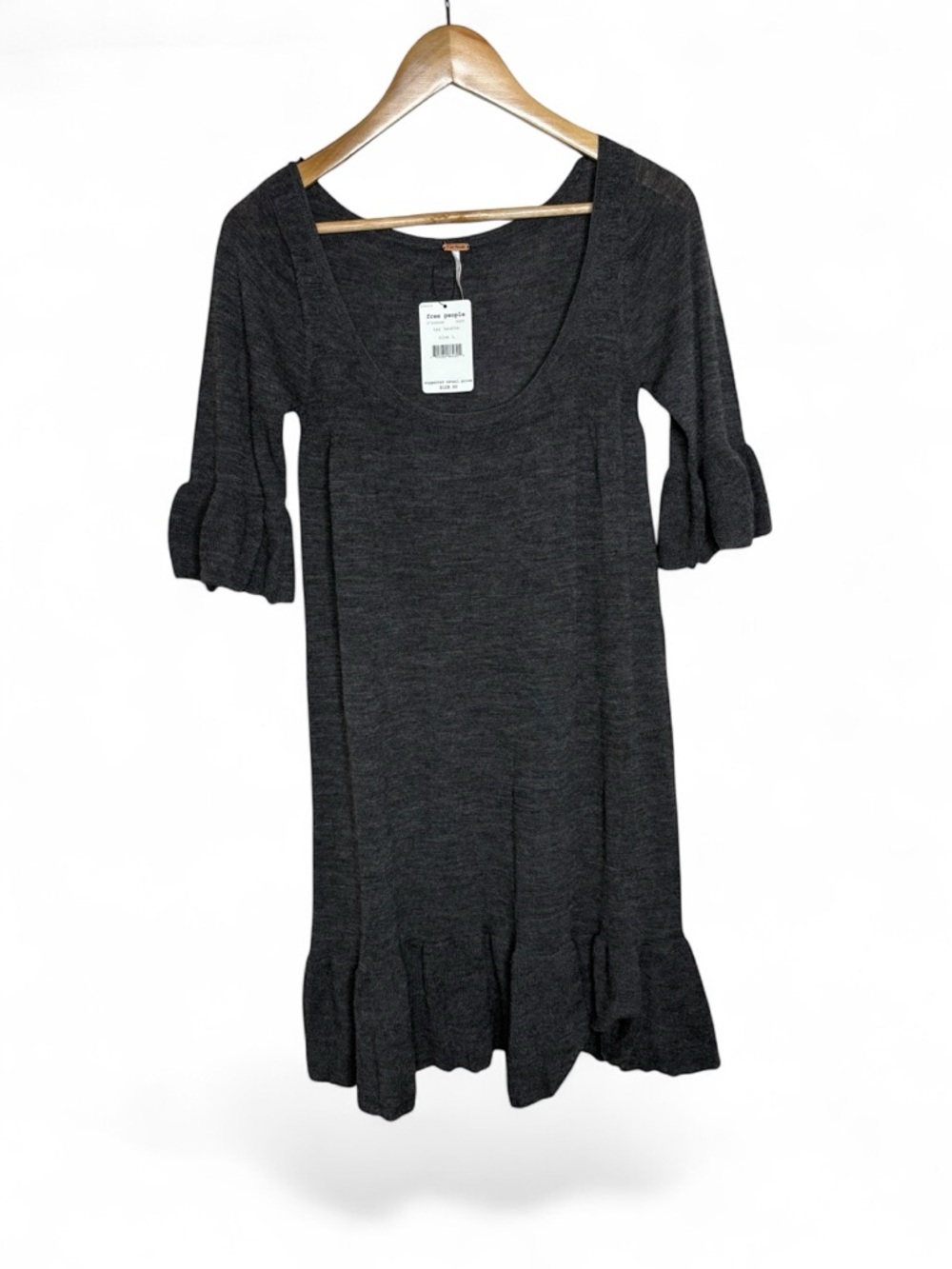 NWT Free People Wool Dark Charcoal Scoop Neck Ruffle Hem Dress Size Large